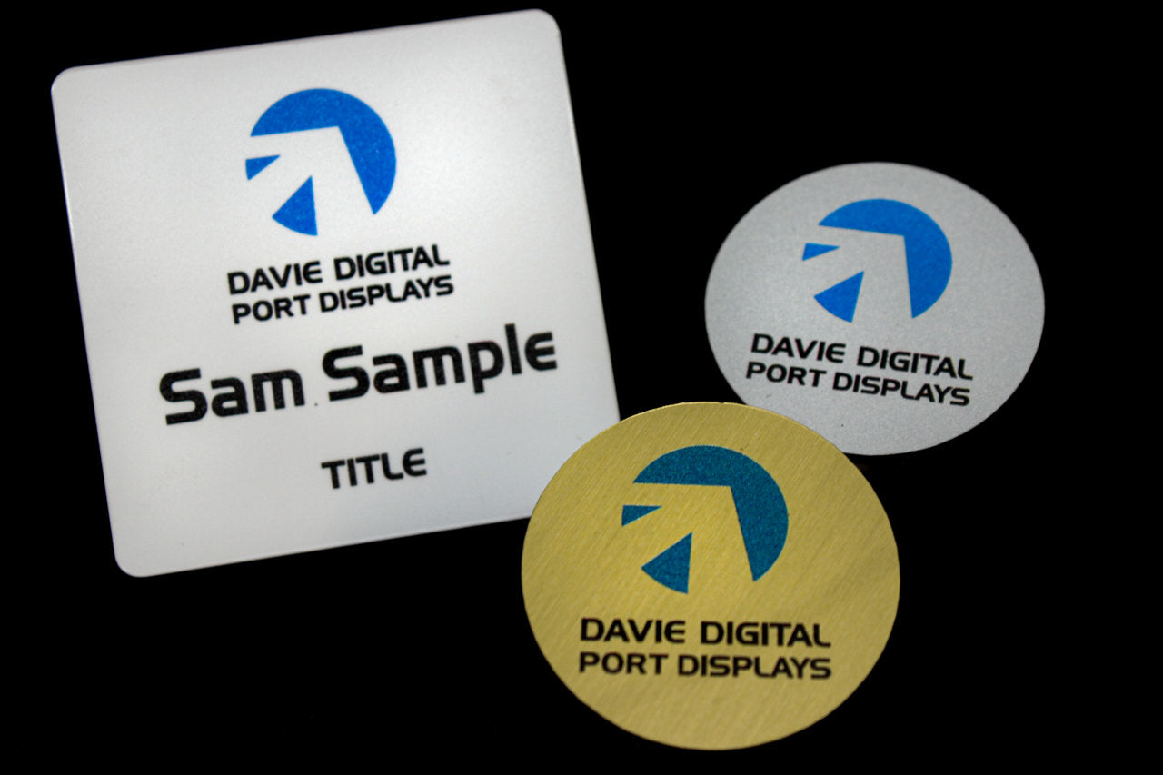 Custom Name badges made in Australia, Circle and square shapes in white, gold or silver available as standard, more custom plastic badges  can be laser cut to order