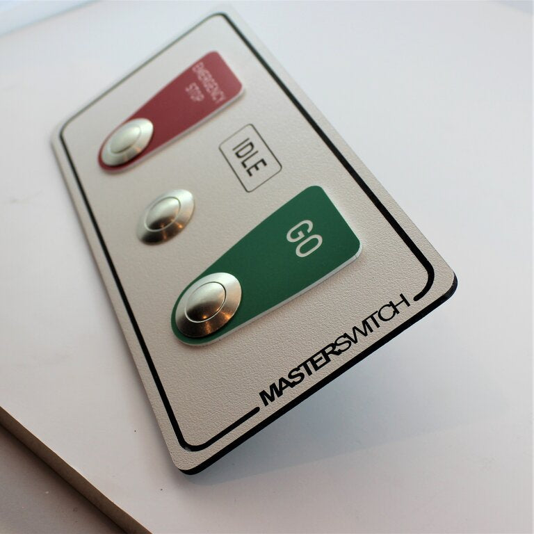Whitch board with engraved coloured plastic, bold text and aluminium switches 