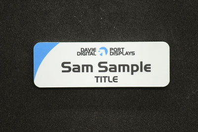 Small white name badge, printed with unlimited colours, text and UV resistant finish