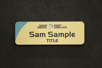 Brushed gold plastic name badge, small tag format