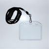 Soft plastic card holder with black lanyard and swivel clip for ID card in landscape or portrait format