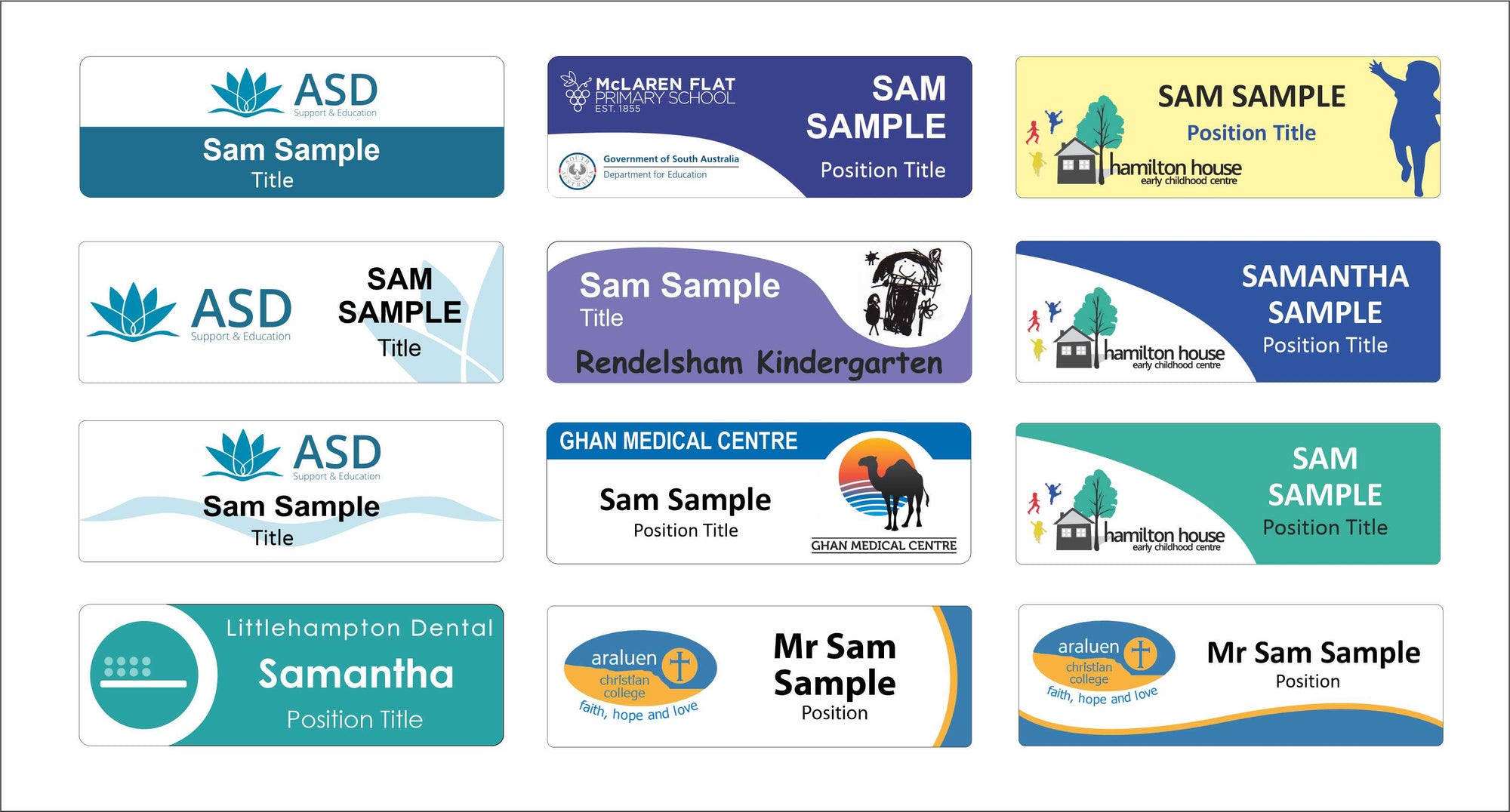 Name Badge templates, design ideas with colours graphics and text options for custom badges