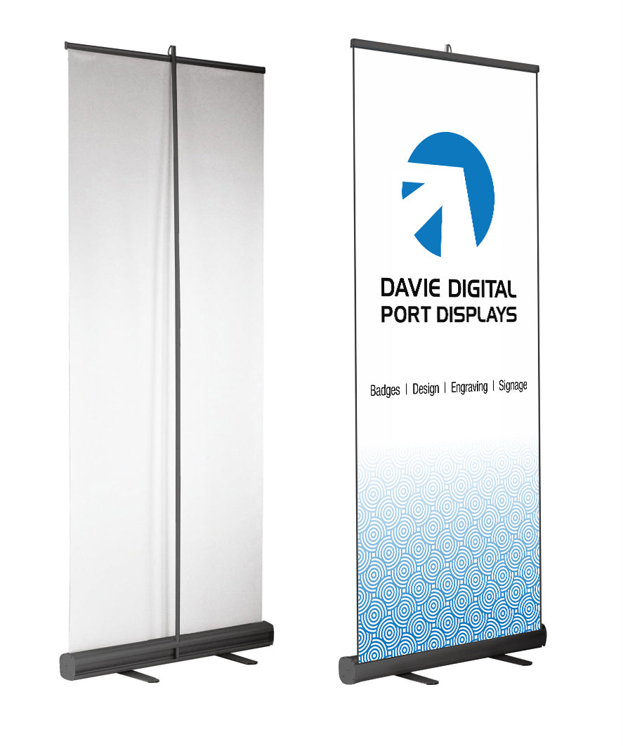 Pull-up banner stands, front and back with roll out full-colour printed sign and your logo, text, images or design.
