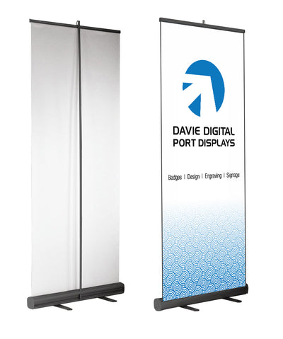 Pull-up banner stands, front and back with roll out full-colour printed sign and your logo, text, images or design.