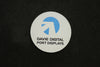 Sparkle silver plastic circle badge with logo and company name, in blue and black with many more colours available
