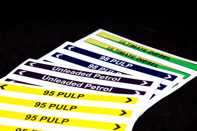 Dureable vinyl stickers for use on petol tanks, yellow green and blue with bold text for clear identification