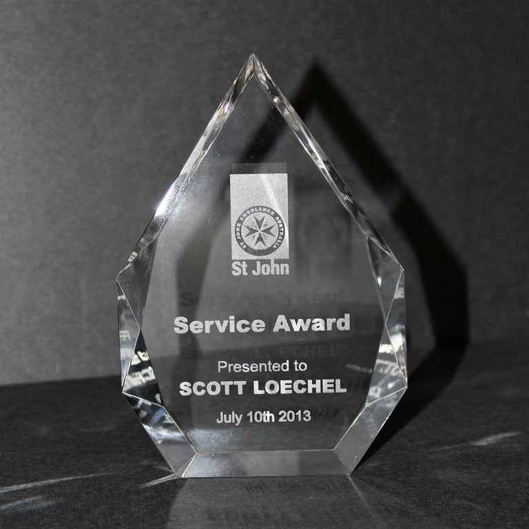 Engraved crystal trophy, logo and text laser etched into glass