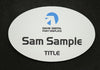 Oval name badge with plenty of space for large text, name in bold for easy identification, company logo and position title available in custom formats